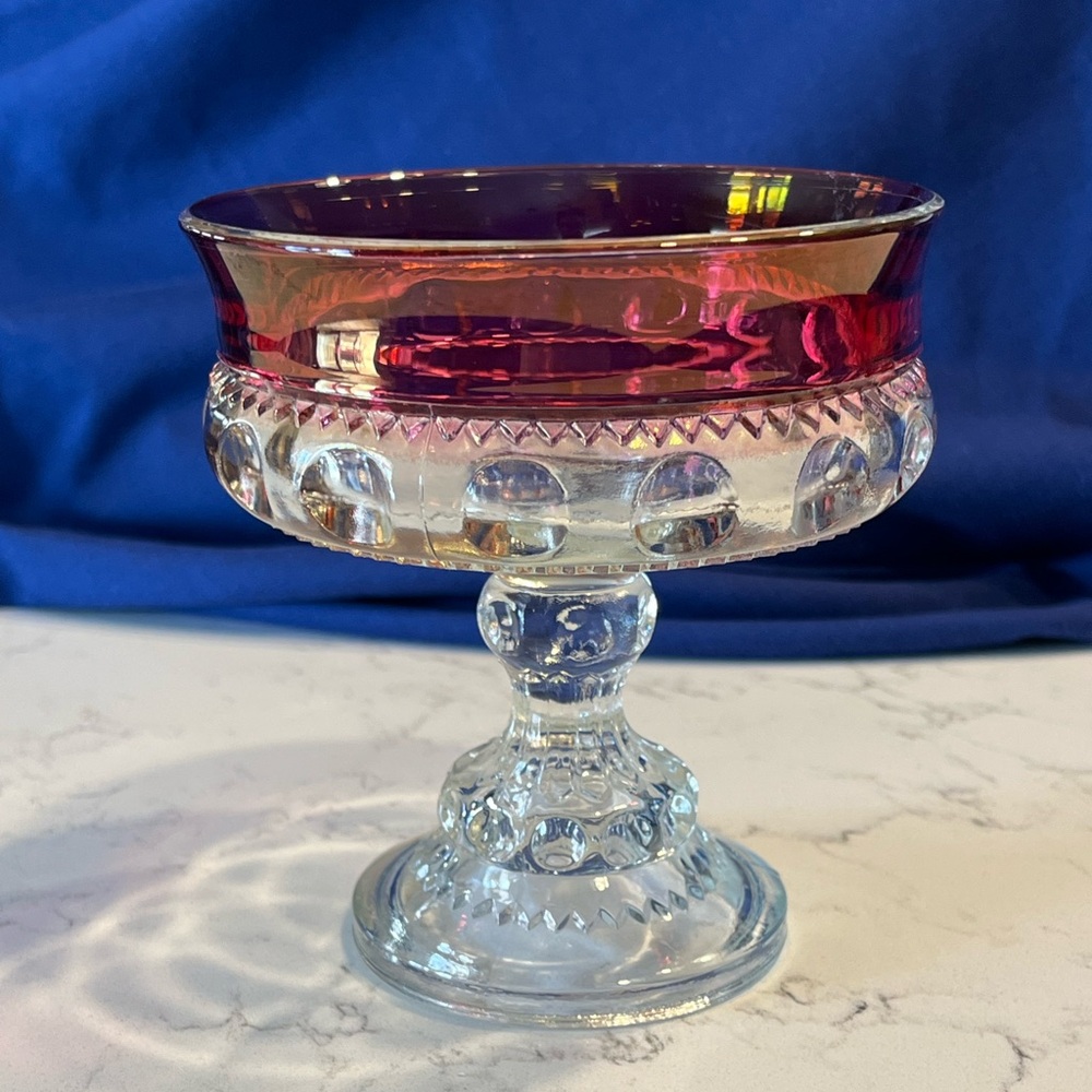 Indiana Glass KING'S CROWN & DIAMOND Point Ruby Flashed Compote& Candy Bowl